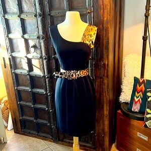 Vintage “CACHE” Black/Leopard DRESS size (4) lined & Thick Flattering Fabric